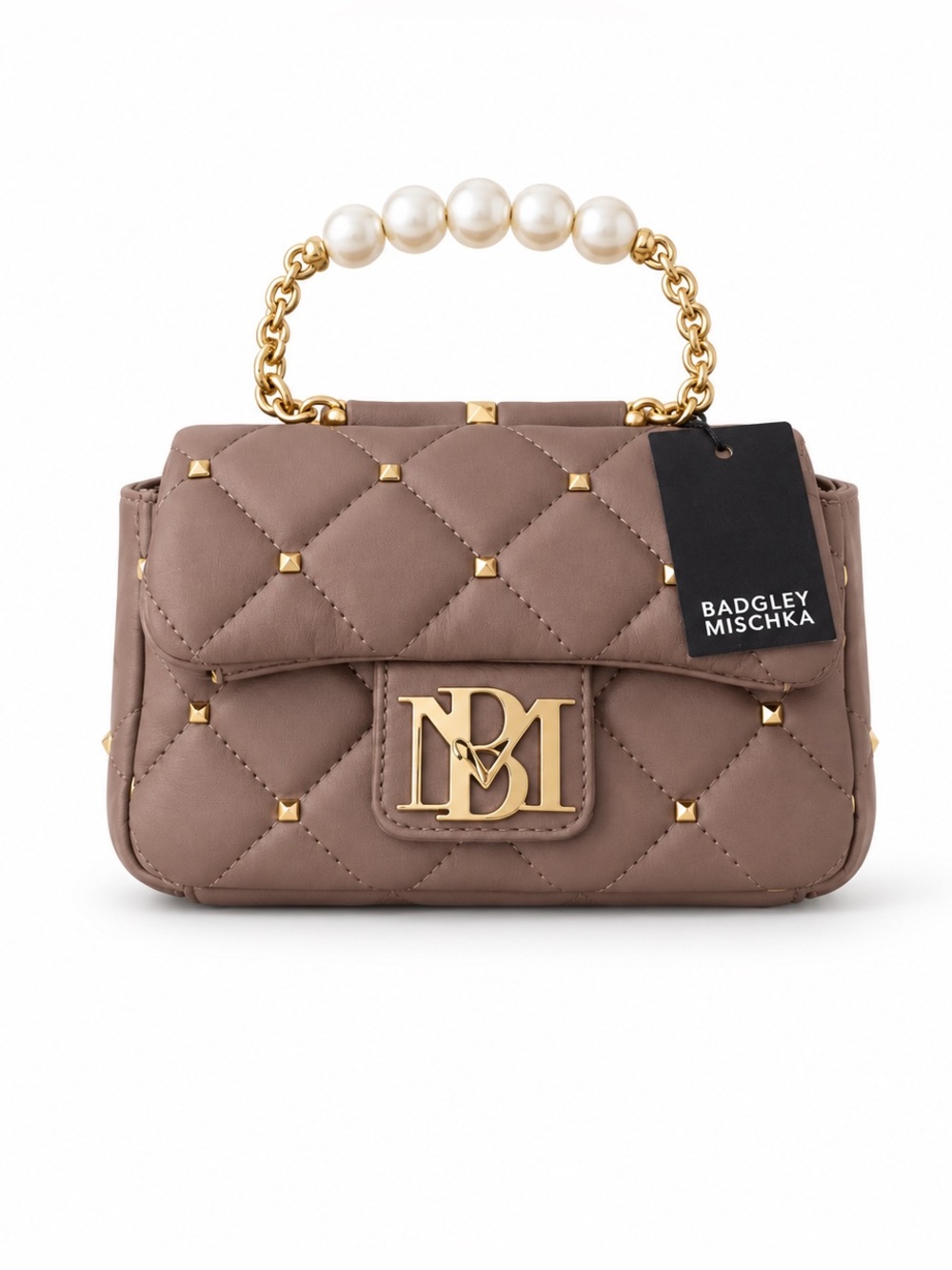 Badgley Mischka Taupe Quilted Pearl Handle Formal Evening Bag Crossbody NWT